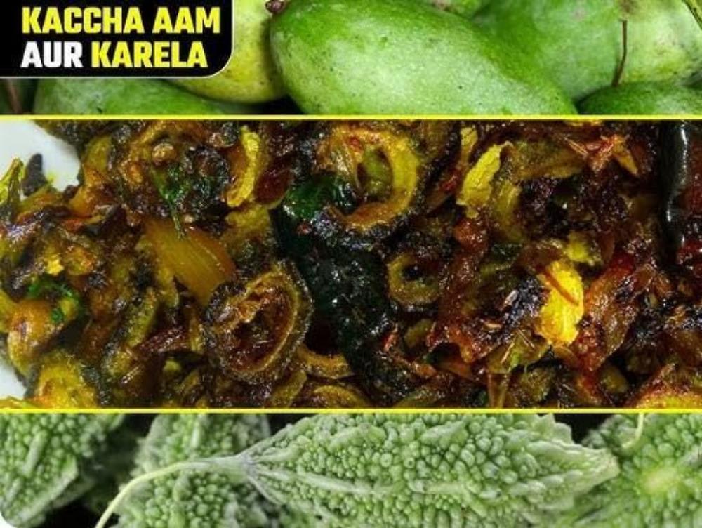 Karela, kachha aam or Pyaz ki mix sabji, 5 Taba Roti, salad, Achar