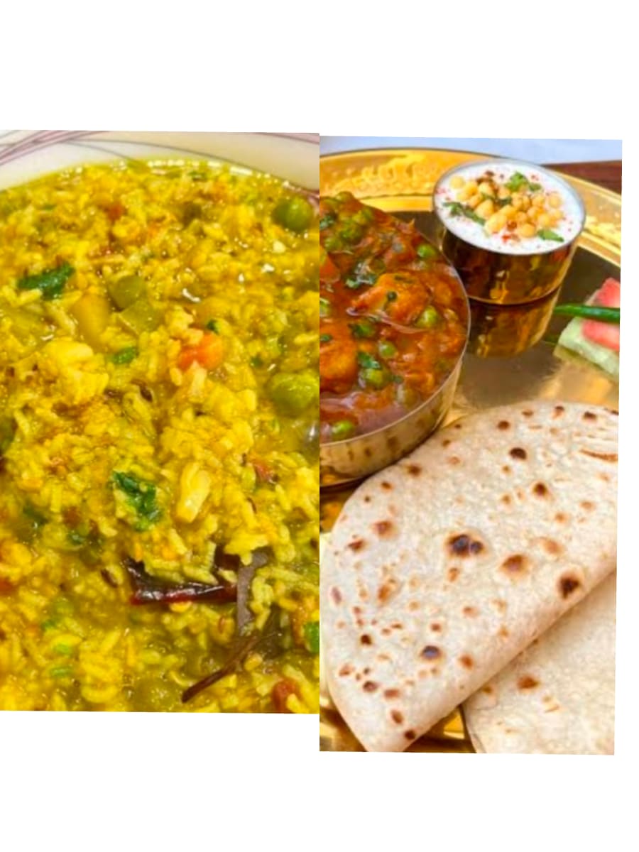 Yellow Khichdi aalu tamatr sbji Roti Salad Dahi Achar
