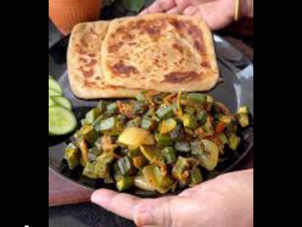 Aloo pratha or bhindi do pyaza salad