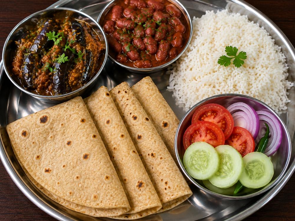 Rajma chawal baingan aalu  ki sabji char roti salad