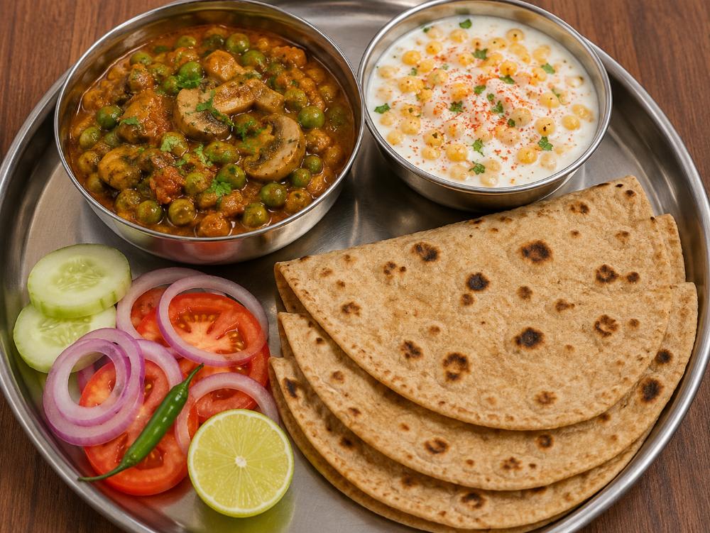 Matar mushroom ki sabji Bundi kar rayta 6 roti salad 🥗
