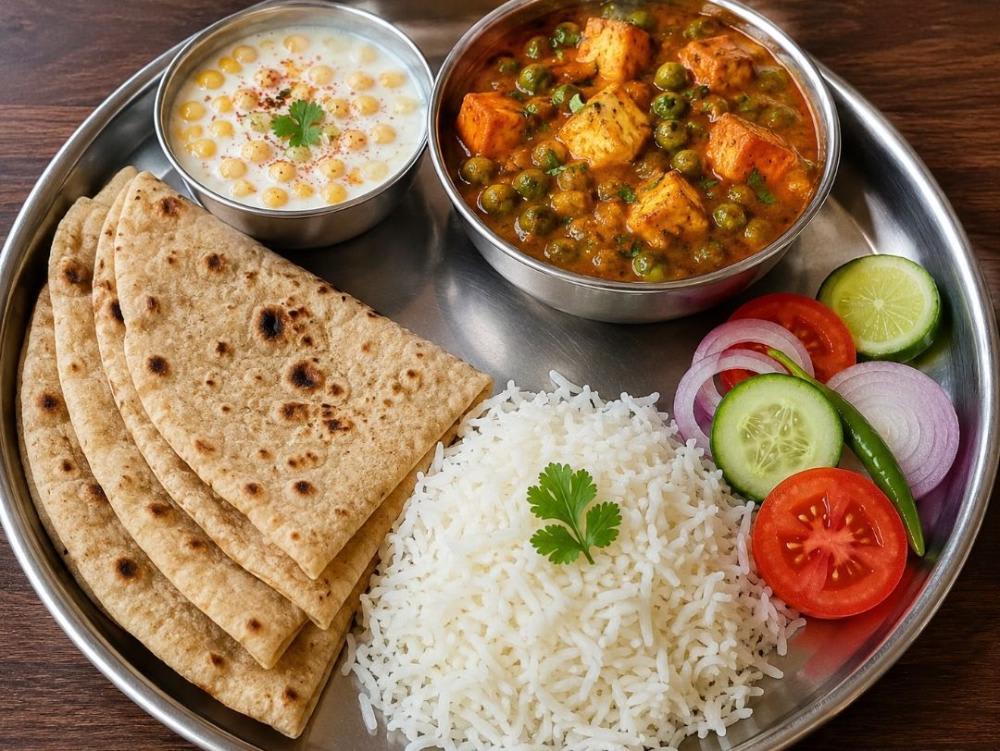 Matar paneer Roti chawal salad rayta — home-cooked meal by RADHA KISORI KI RASOI on Nomio