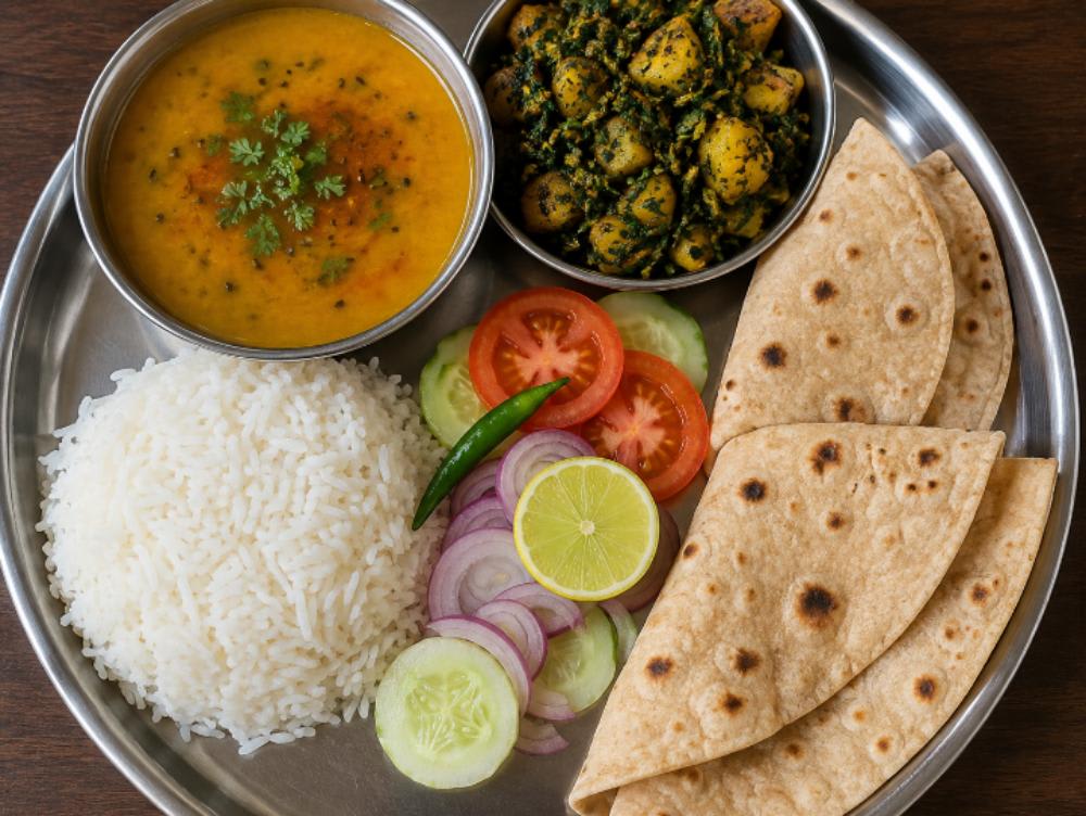 Daal chawal Aalu methi ki bhujiya 4 roti salad aam Achar — home-cooked meal by Sapna Ki Rasoi on Nomio