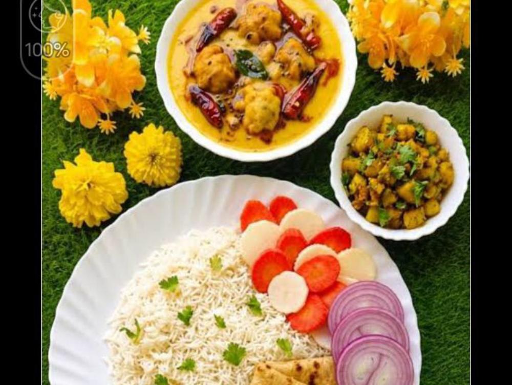 Kadhi chawal Roti salad or aloo gobhi ki sabji