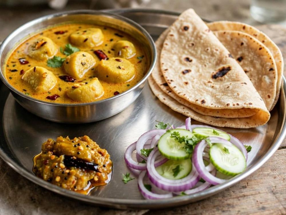 Besan ke gatte ki sabji and char roti Achar and salad