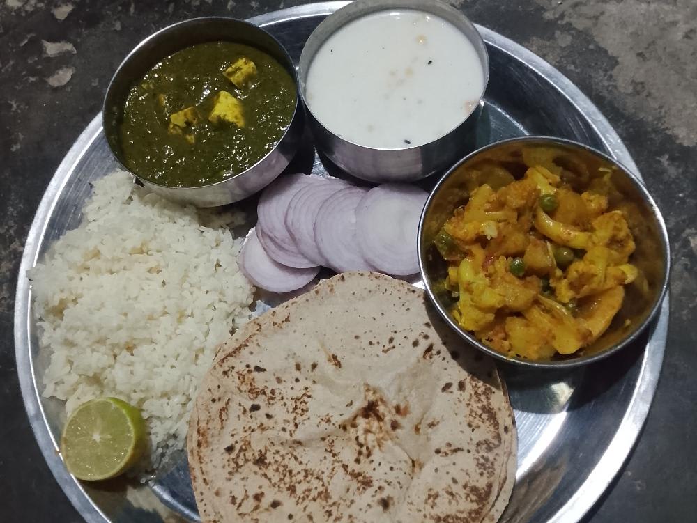 Mix veg dal chawal roti raita