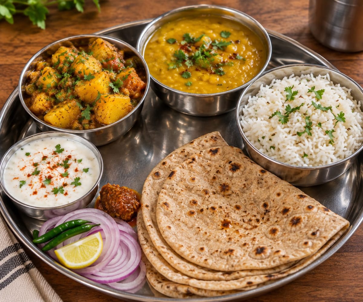 parmal aalu, dal rice and roti