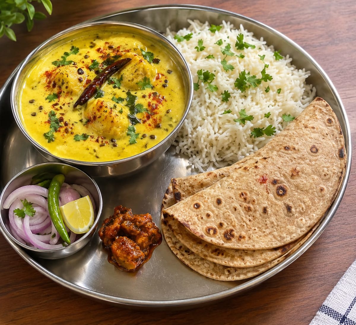 kadhi, rice, roti and salad