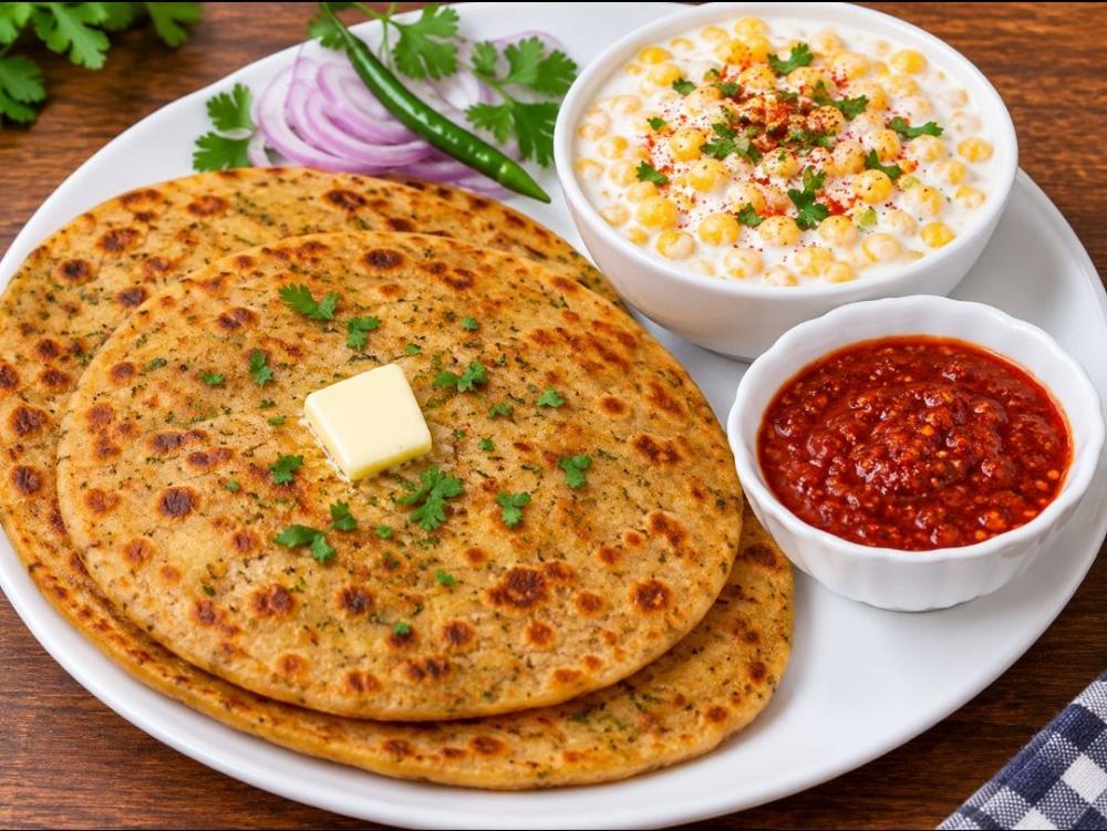 4 aalu ke paraathe Bundi ka rayta Lal mirch ki chatni hai — home-cooked meal by Sapna Ki Rasoi on Nomio