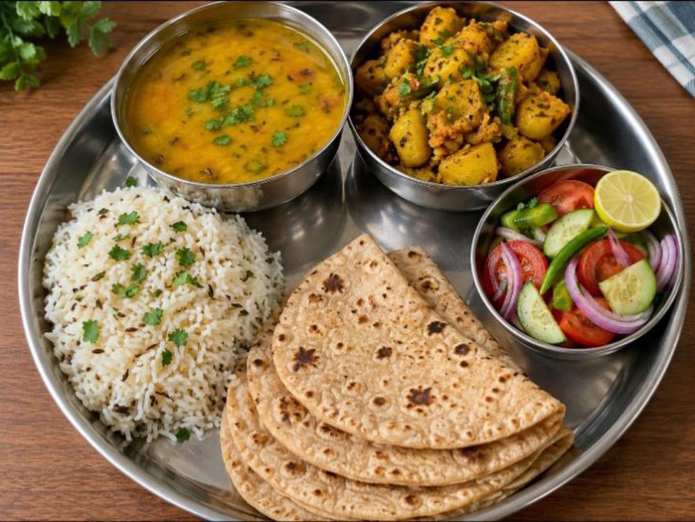 Dal aloo ki Sukhi sabji rice roti or salad