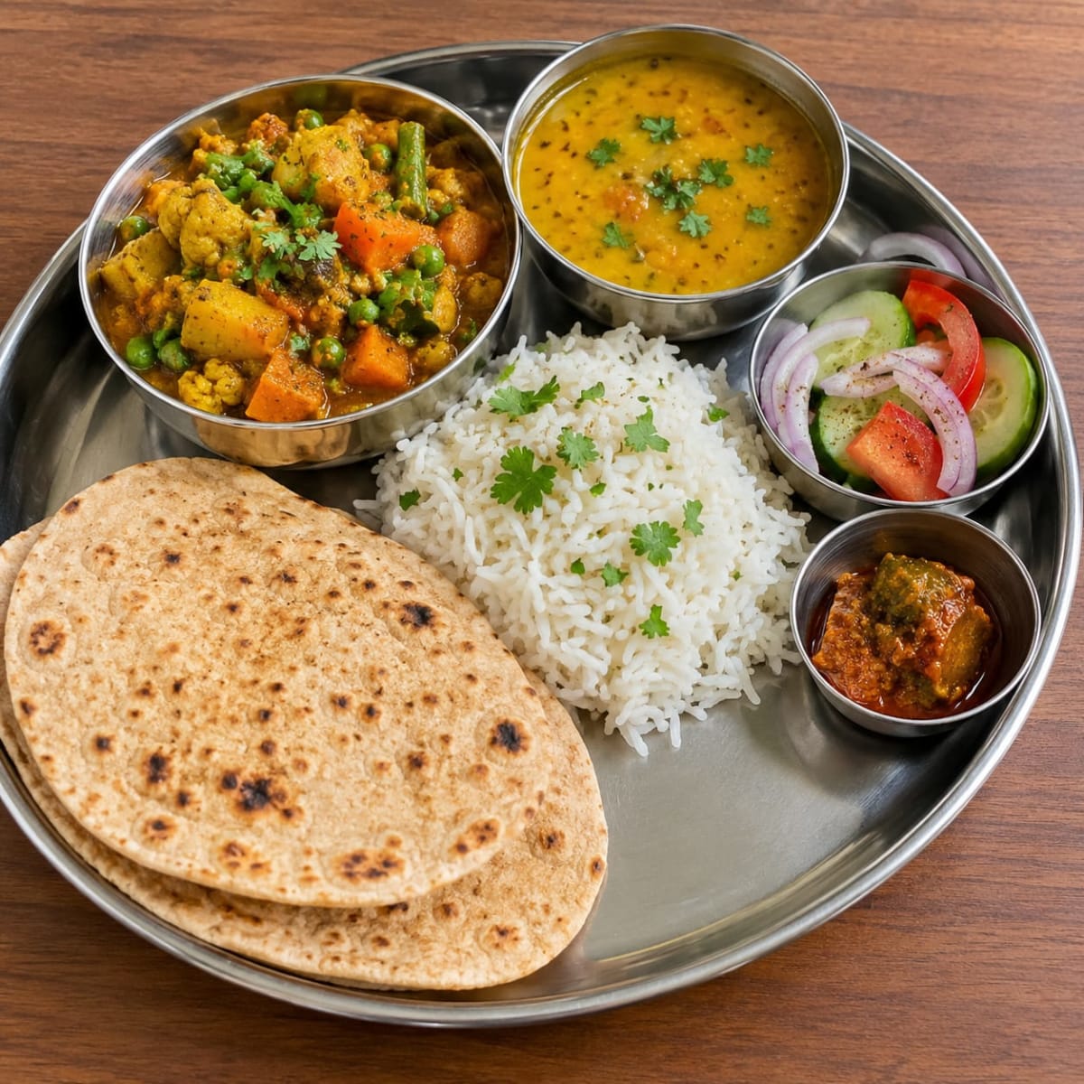 Mix veg dal rice roti and salad