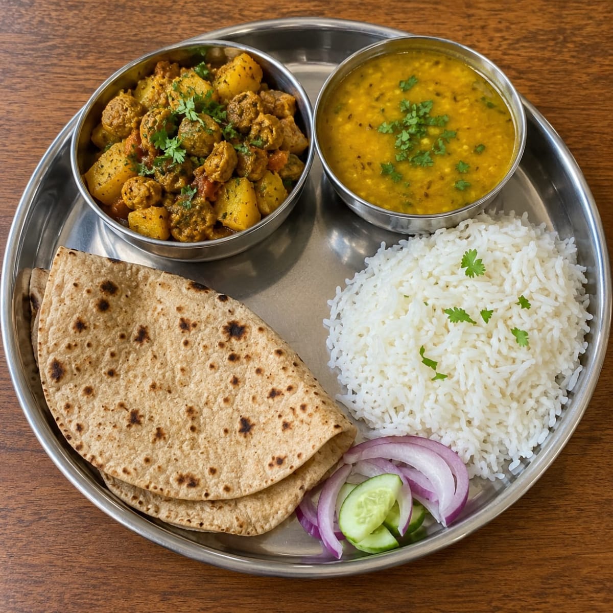 aloo soya bean ki sbji dal rice roti