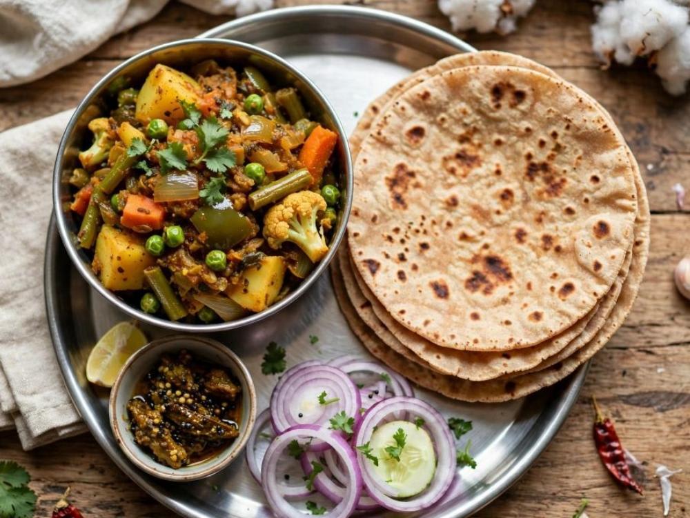 Baingan  aalu ki sabji roti Achar