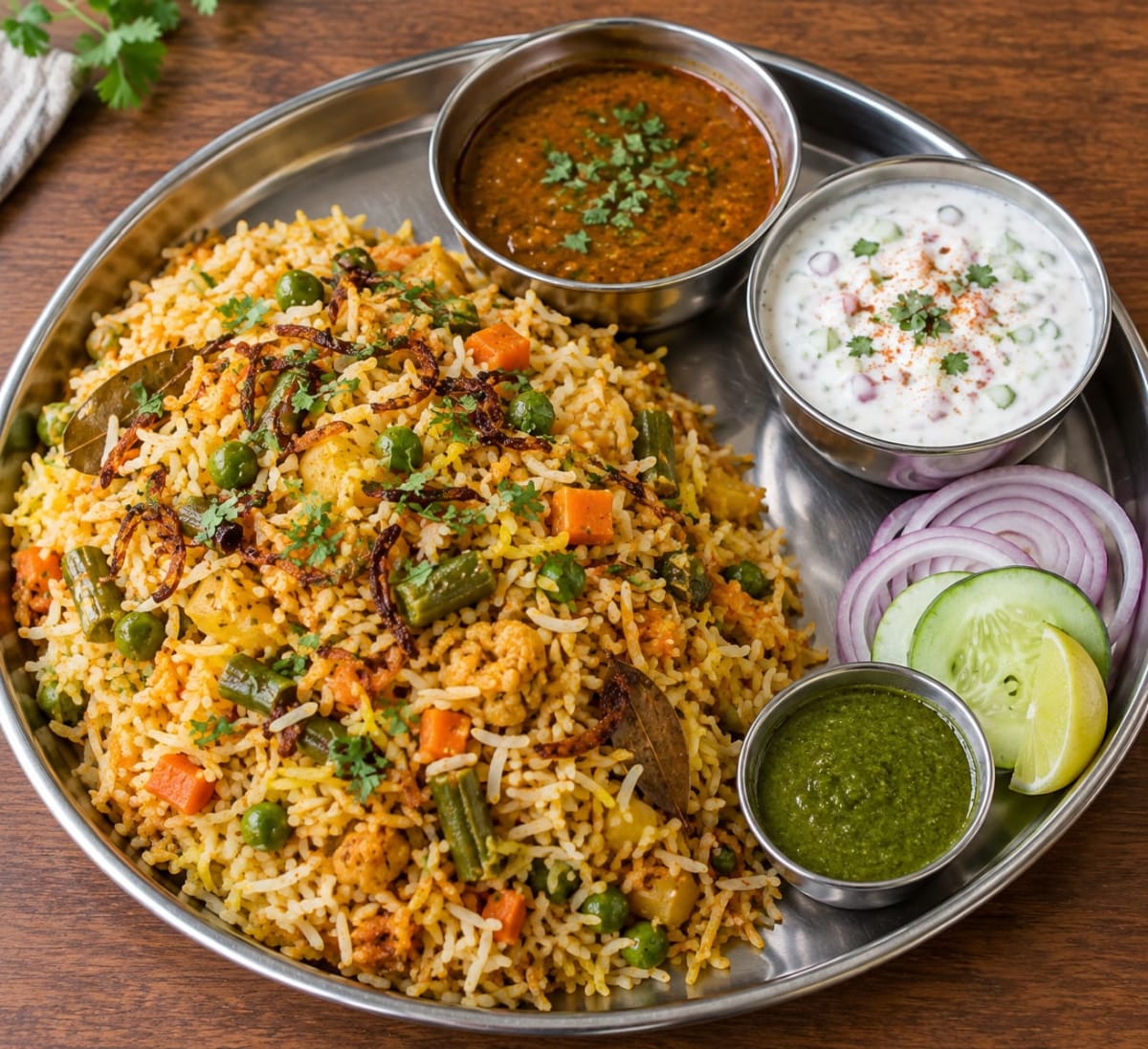 veg biryani , chatni , rayta