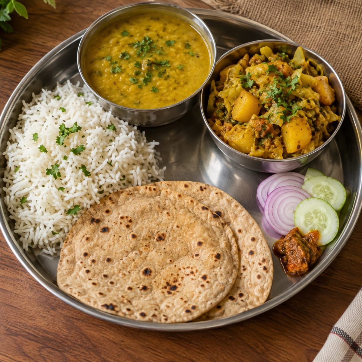 Aloo patta gobi, dal rice, roti