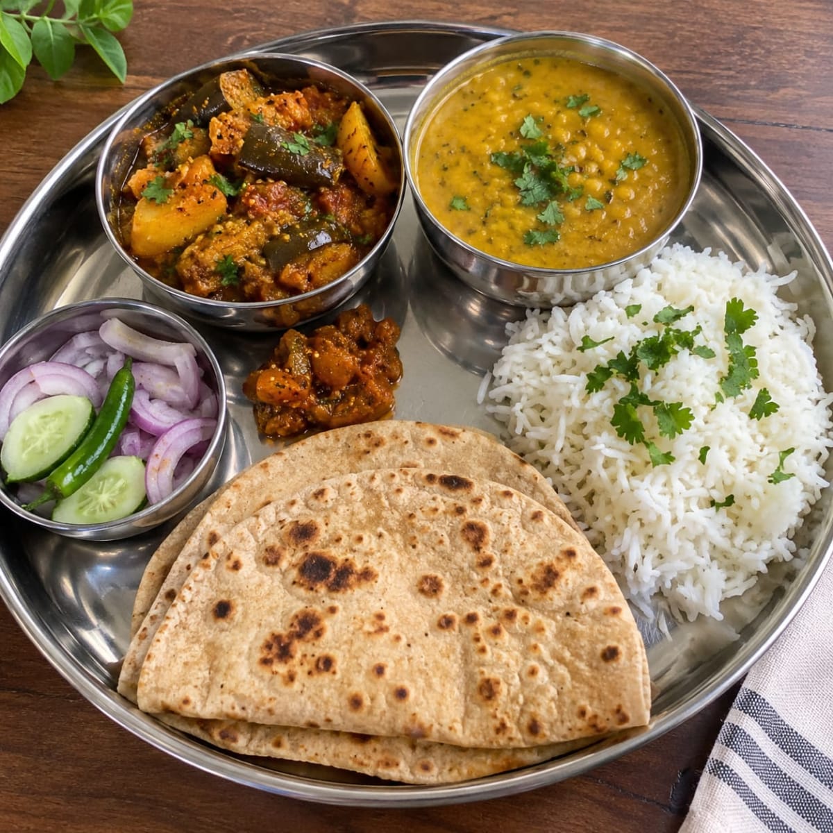 Aloo baigan, dal rice, roti and salad