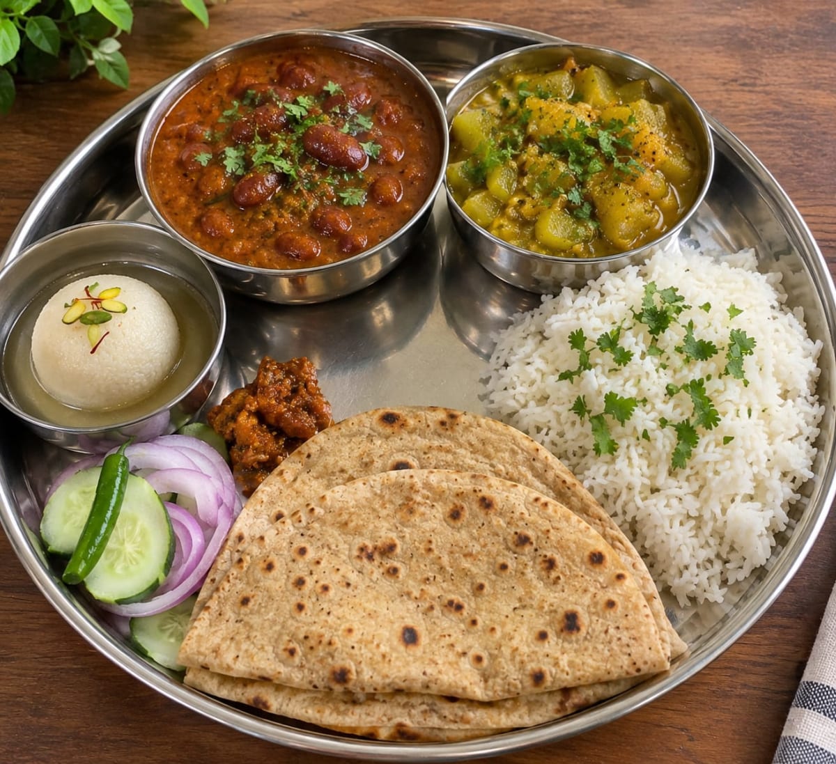 Rajma loki ki sbji , rice roti and rasgulla