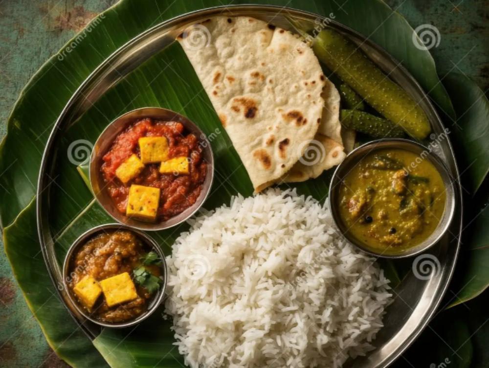 Dal rice, banana sbji and 4 roti