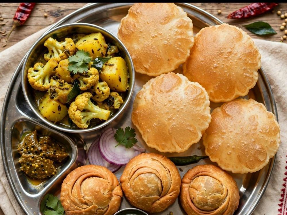 Aloo Gobi ki Sabji Char Puri Do Kachauri