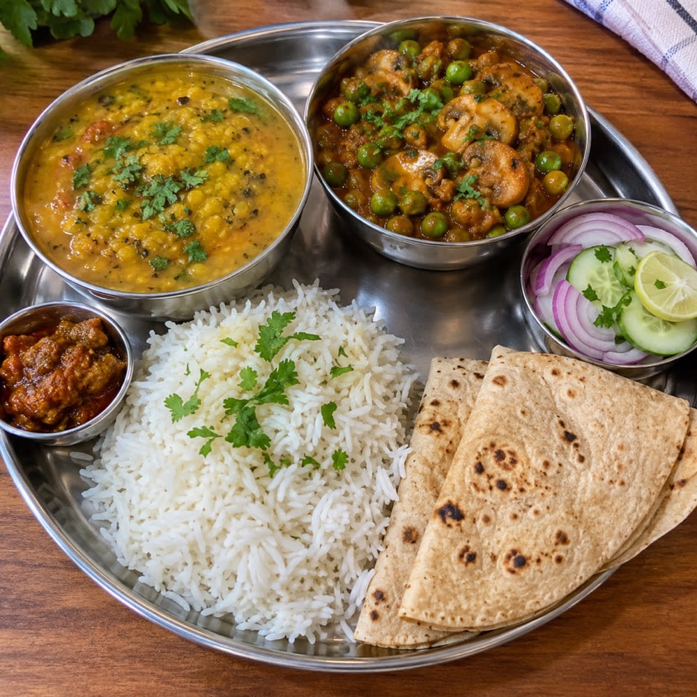 Matar mushroom , mix dal rice and roti