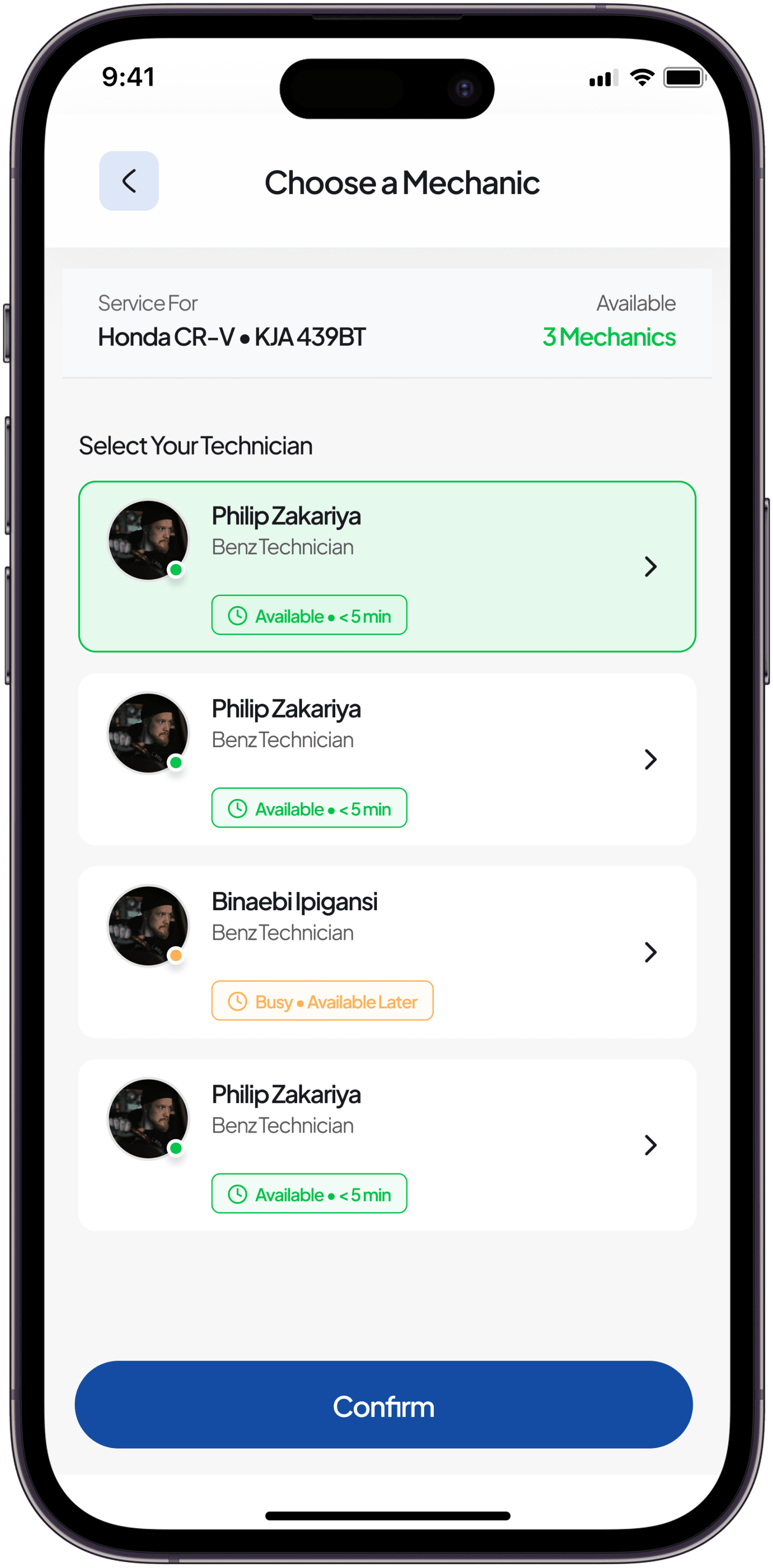 Book the right mechanic app screen