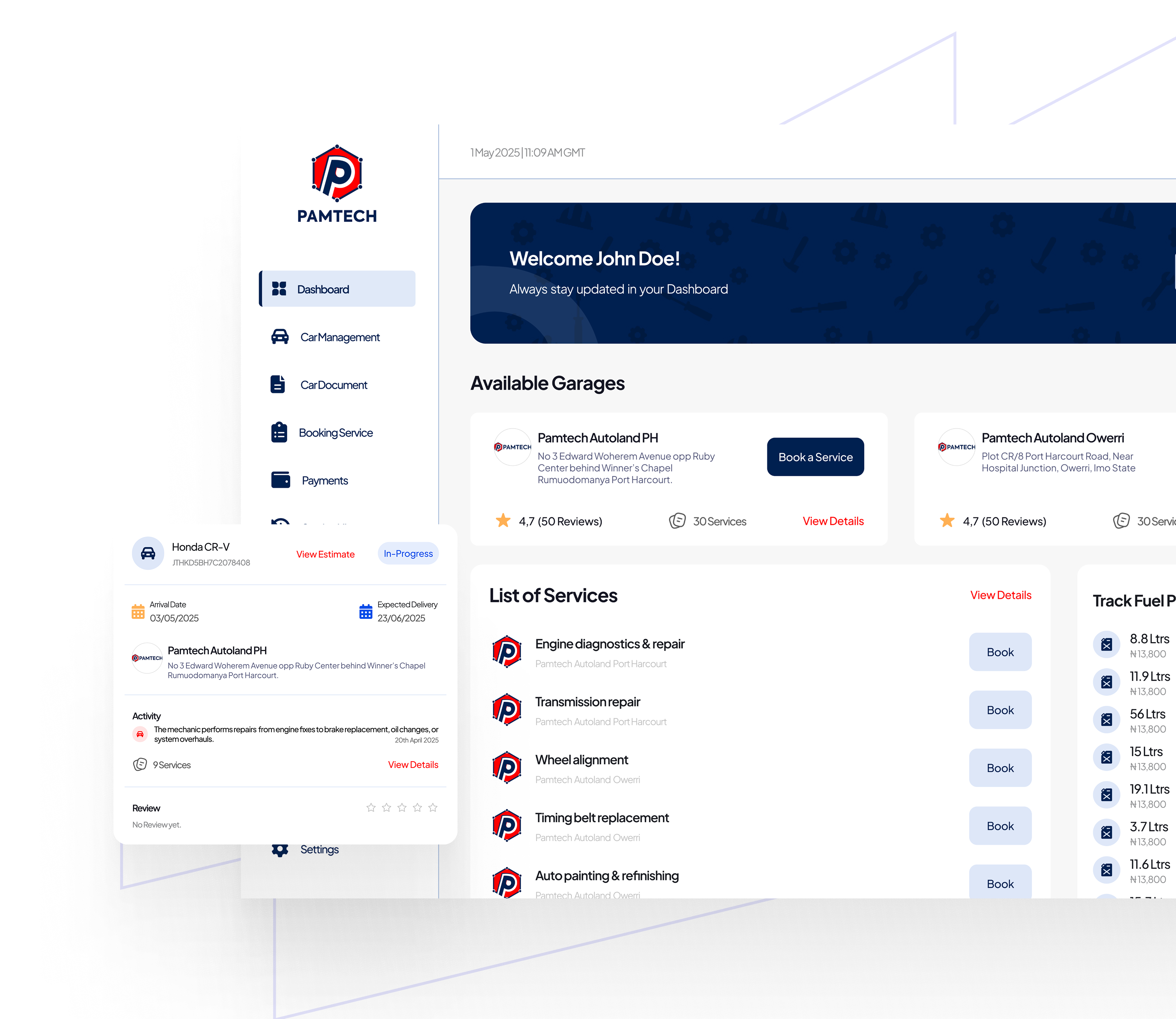 Pamtech Autocare dashboard design