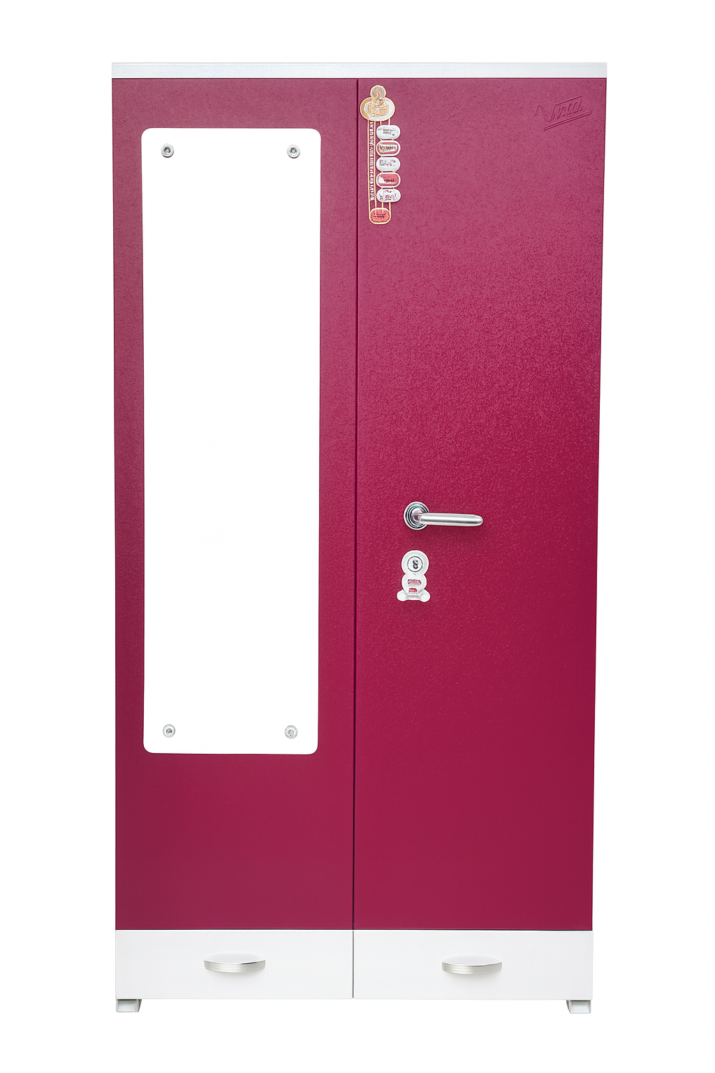 Stylish 2-Door Steel Almirah with Full-Length Mirror & Bottom Drawer | Premium Pink & White Metal Wardrobe with Lock for Bedroom( length 38 inch , height 78 inch)