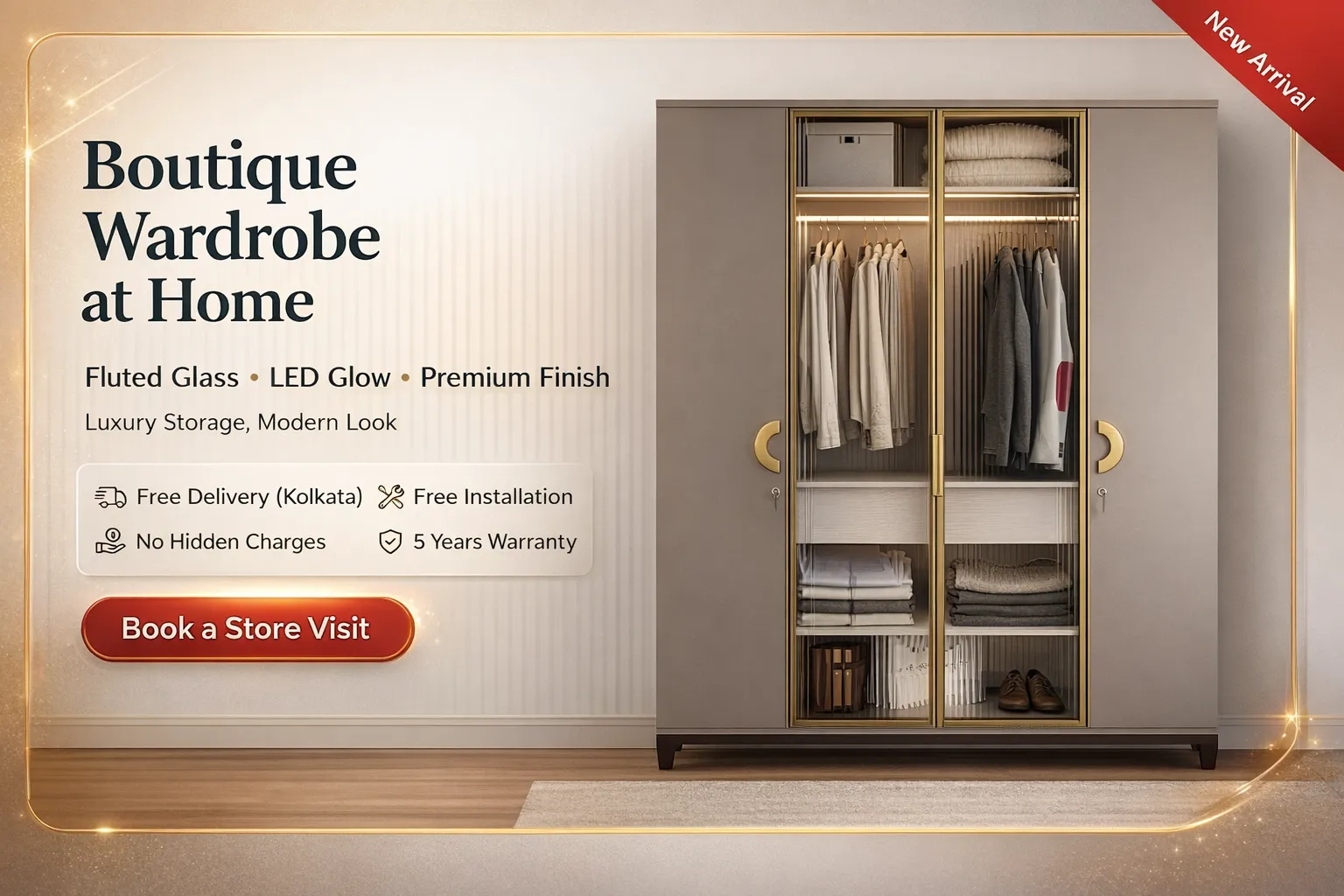 VOGUE Fluted Glass Wardrobe (LED/Gold) — Boutique Wardrobe