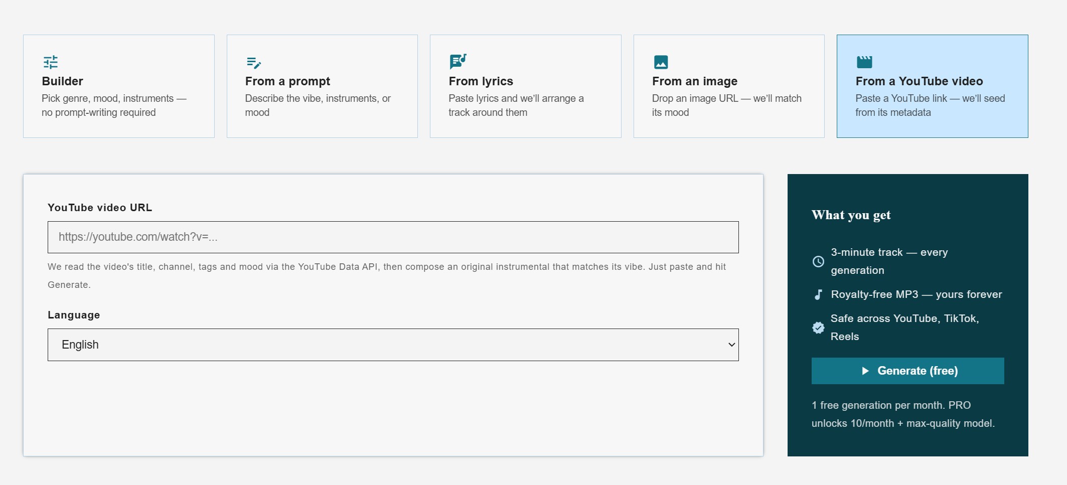 A screenshot of the TubeMusic.io interface showing a row of five options for generating music: Builder, From a prompt, From lyrics, From an image, and From a Yo