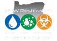 Emergency restoration technicians conducting water extraction and cleanup inside a damaged home in Oregon