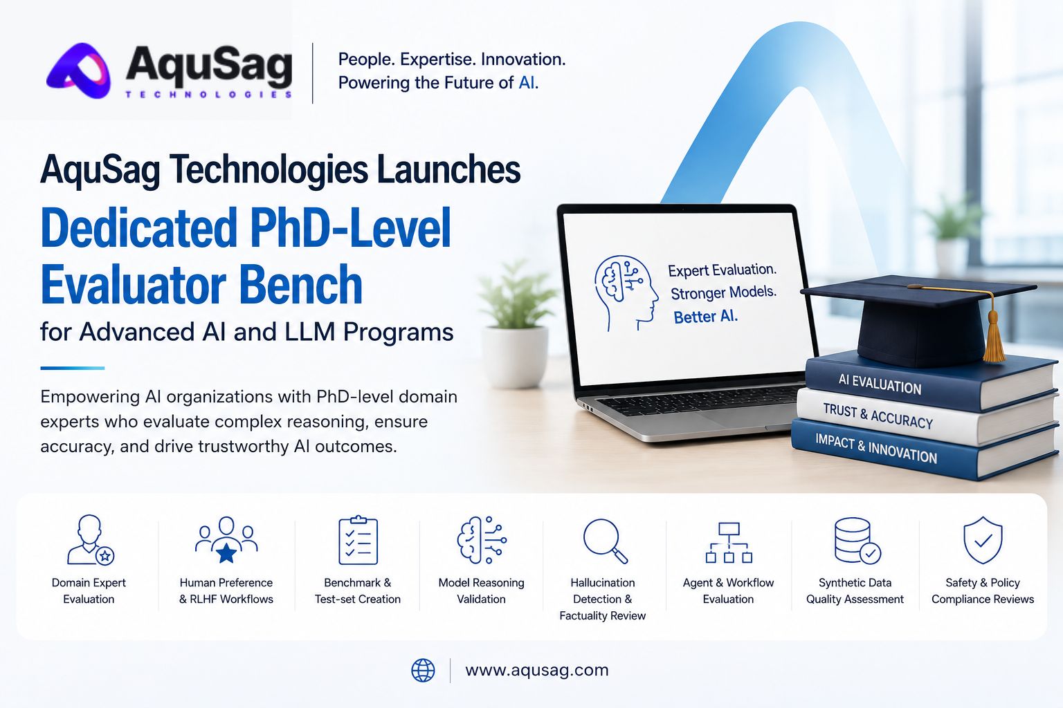 AquSag Technologies launches a dedicated PhD-level evaluator bench for advanced AI and LLM programs, featuring AI evaluation experts, model validation, RLHF workflows, benchmark creation, hallucination detection, agent evaluation, synthetic data quality assessment, and AI safety compliance services.