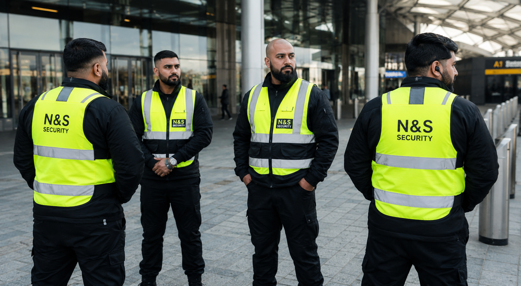 Uniformed security officers monitoring building entrance