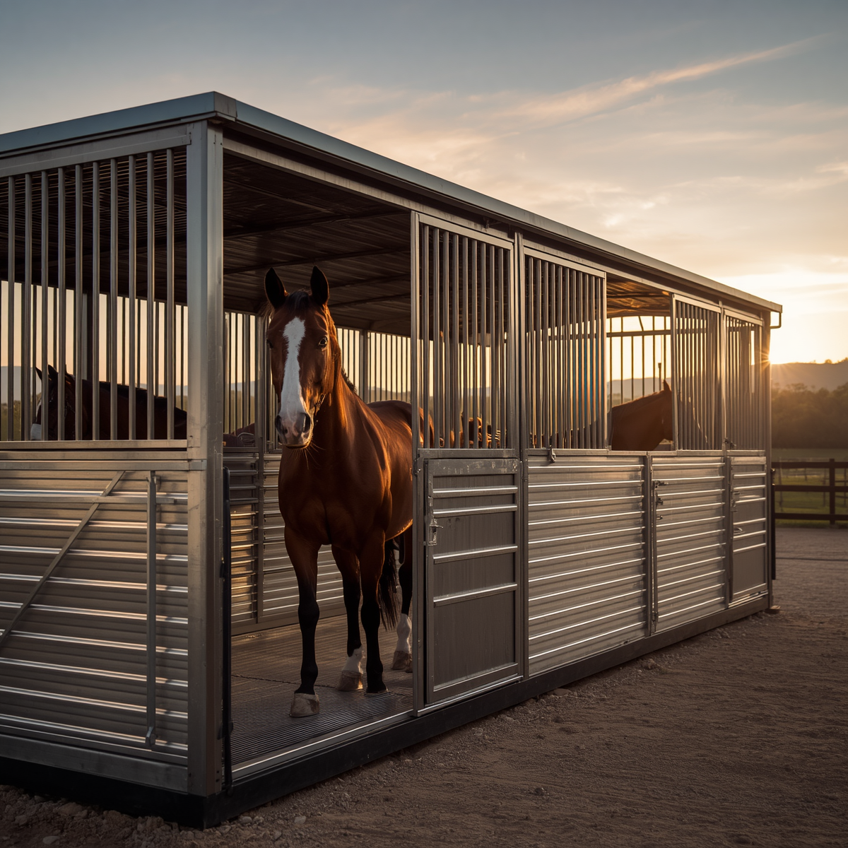 MK Horse Walkers USA automated horse walker system at a modern equestrian facility, providing safe and efficient horse conditioning, exercise, and rehabilitation in a professional stable environment.