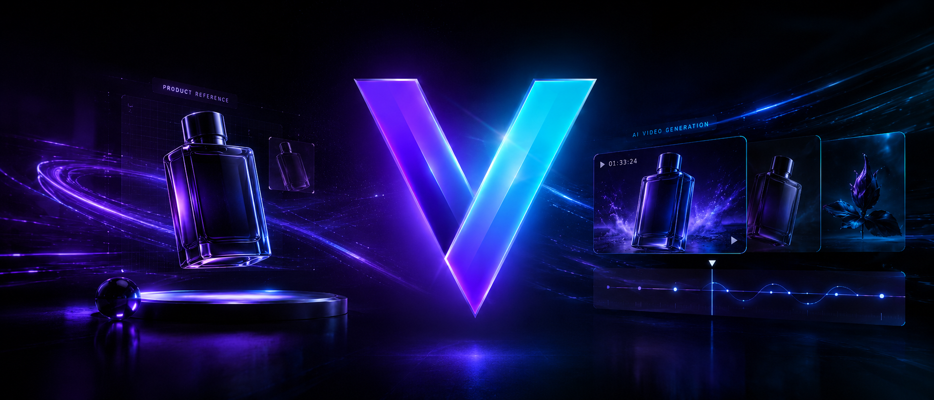 Vimera AI product video generation visual showing a perfume reference, cinematic video previews, and blue-purple AI editing interface
