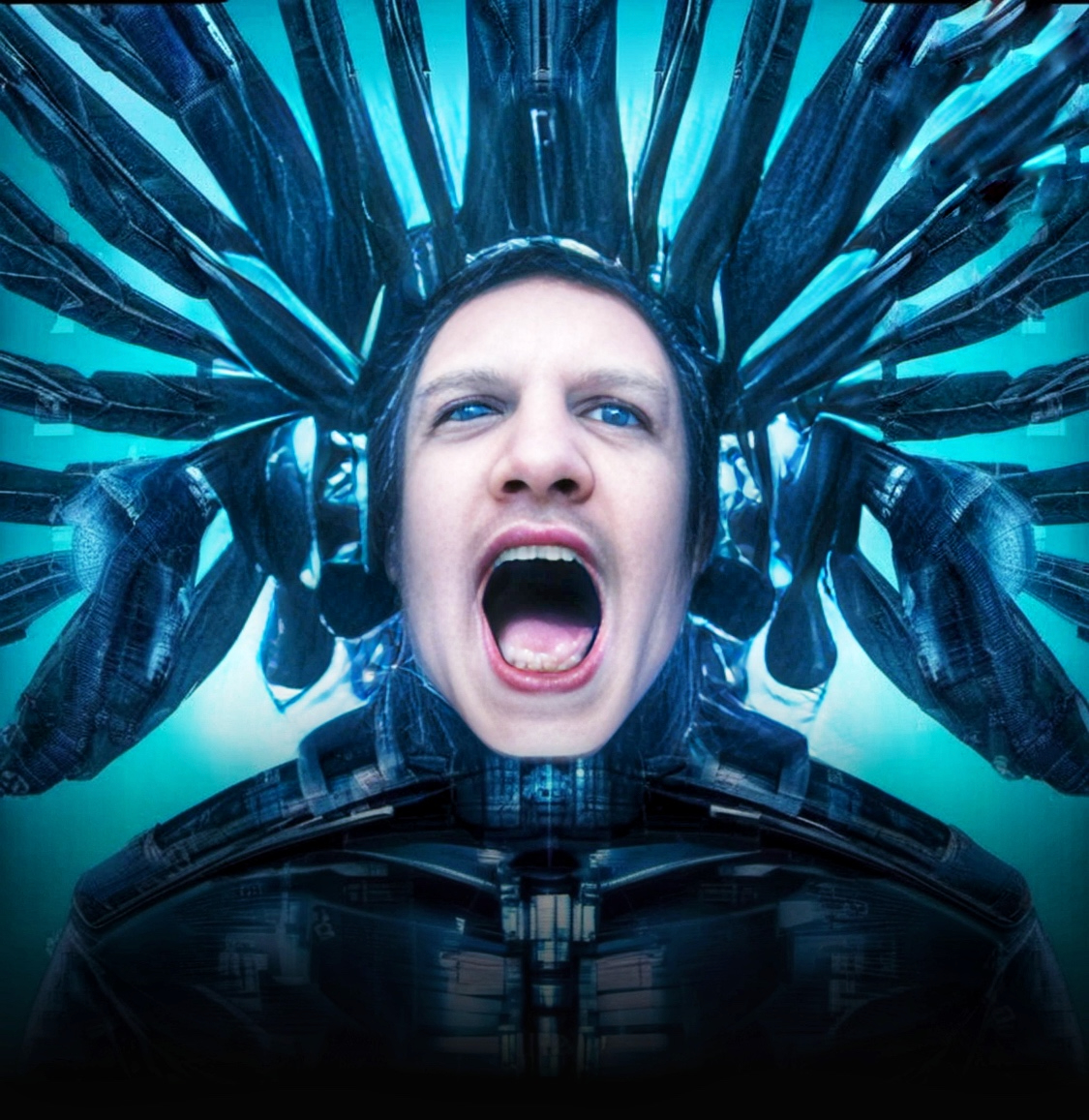 A futuristic cyberpunk portrait of Stephen Bishop Seely illuminated by vivid neon lights, wearing high-tech armor with glowing circuitry. Set against a rain-soaked cityscape of towering skyscrapers and holographic signs, the image blends science fiction, digital art, and cinematic noir aesthetics.