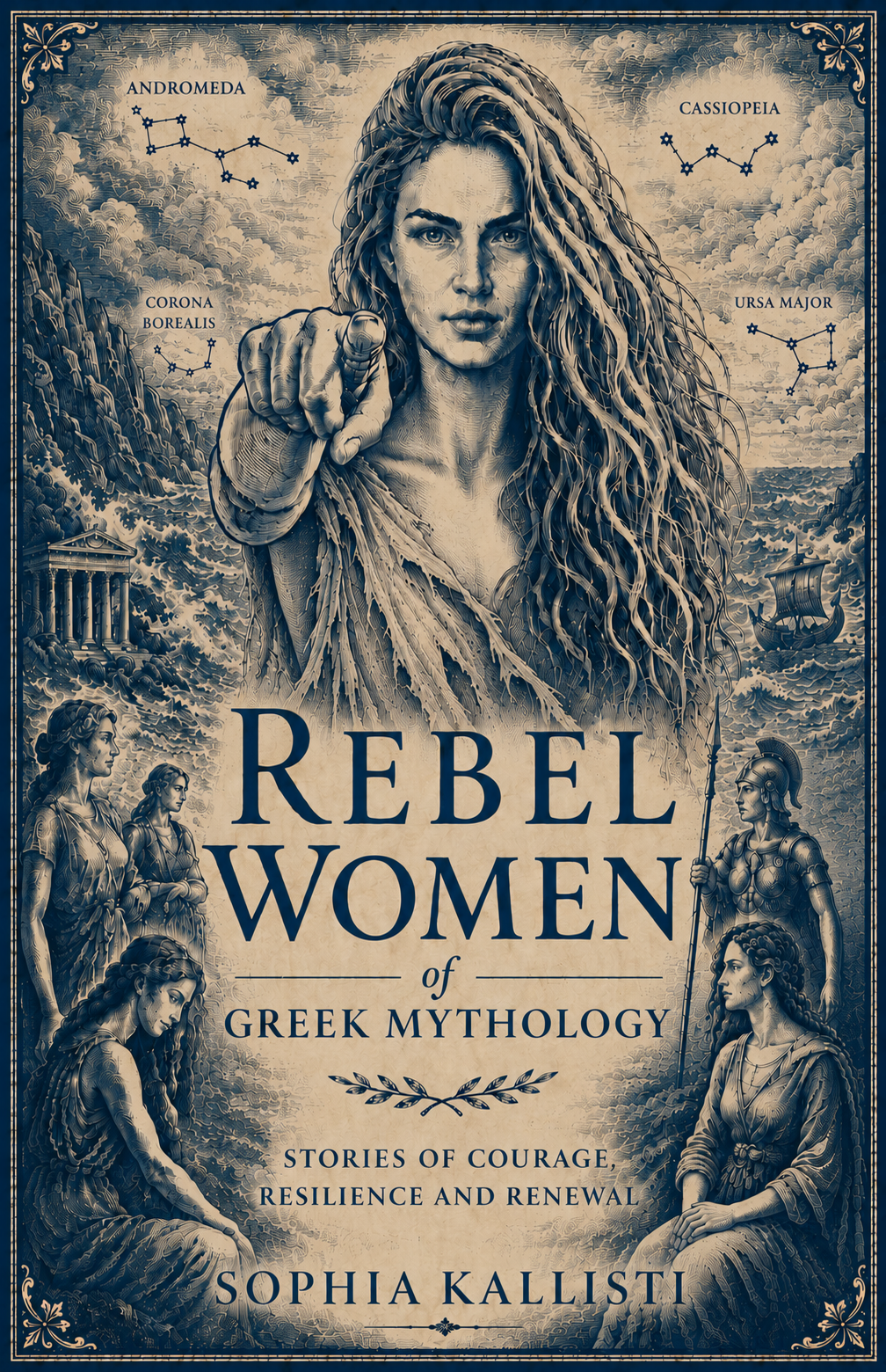 Book cover of Rebel Women of Greek Mythology, exploring the remarkable mortal women of ancient Greek mythology through stories of courage, resilience and renewal.