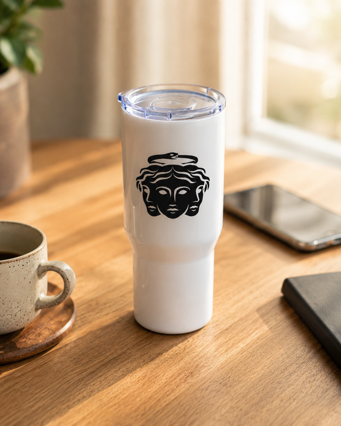 Premium insulated stainless steel tumbler in deep blue with a minimalist white logo, displayed on a natural stone pedestal in a clean, modern lifestyle setting, designed for everyday hydration at work, travel, and outdoor activities.