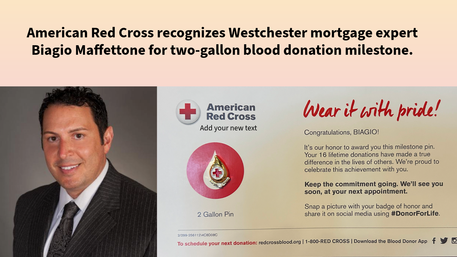 Westchester Mortgge Expert and Community Champion Biagio Maffettone honored by American Red Cross for Achieveing Two Gallon Blood donation Milestone