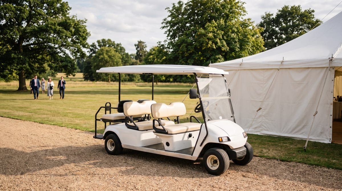 A six-seat electric buggy on standby at a marquee wedding. Hawke hires from a single vehicle upwards.