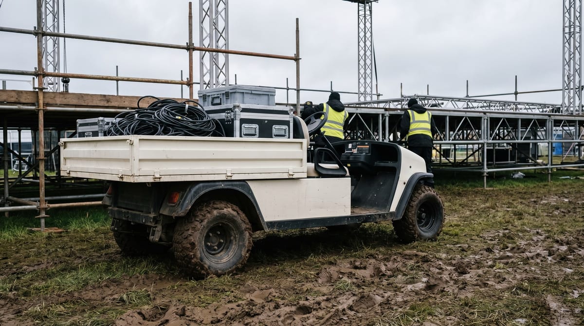 A 4x4 utility vehicle working behind a festival stage. The fleet includes 71 compact utility units.