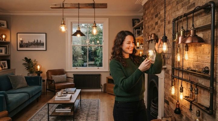 Modern UK home interior with vintage industrial pendant lighting for DCVoltage lighting guide