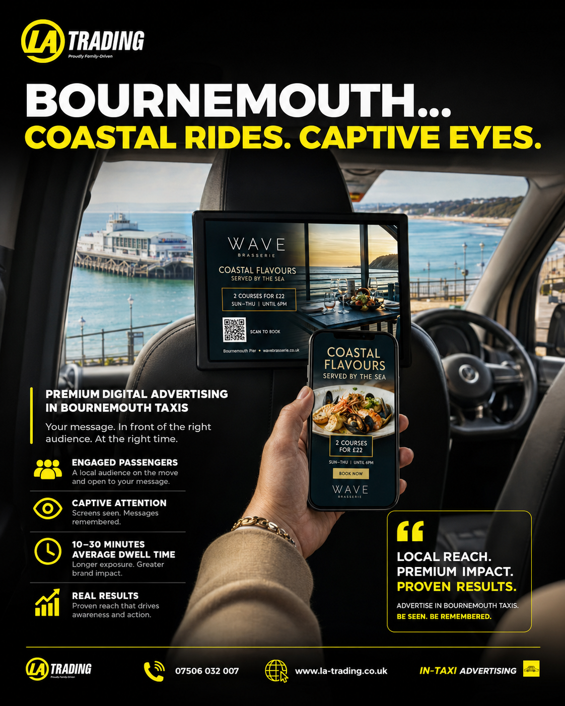 LA Trading’s internal digital taxi advertising screens give brands a focused way to reach passengers during journeys across the Bournemouth area