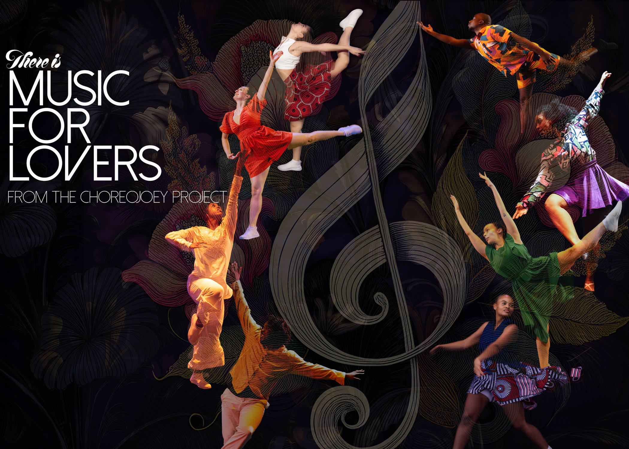 8 dancers in various leaps surround a treble clef