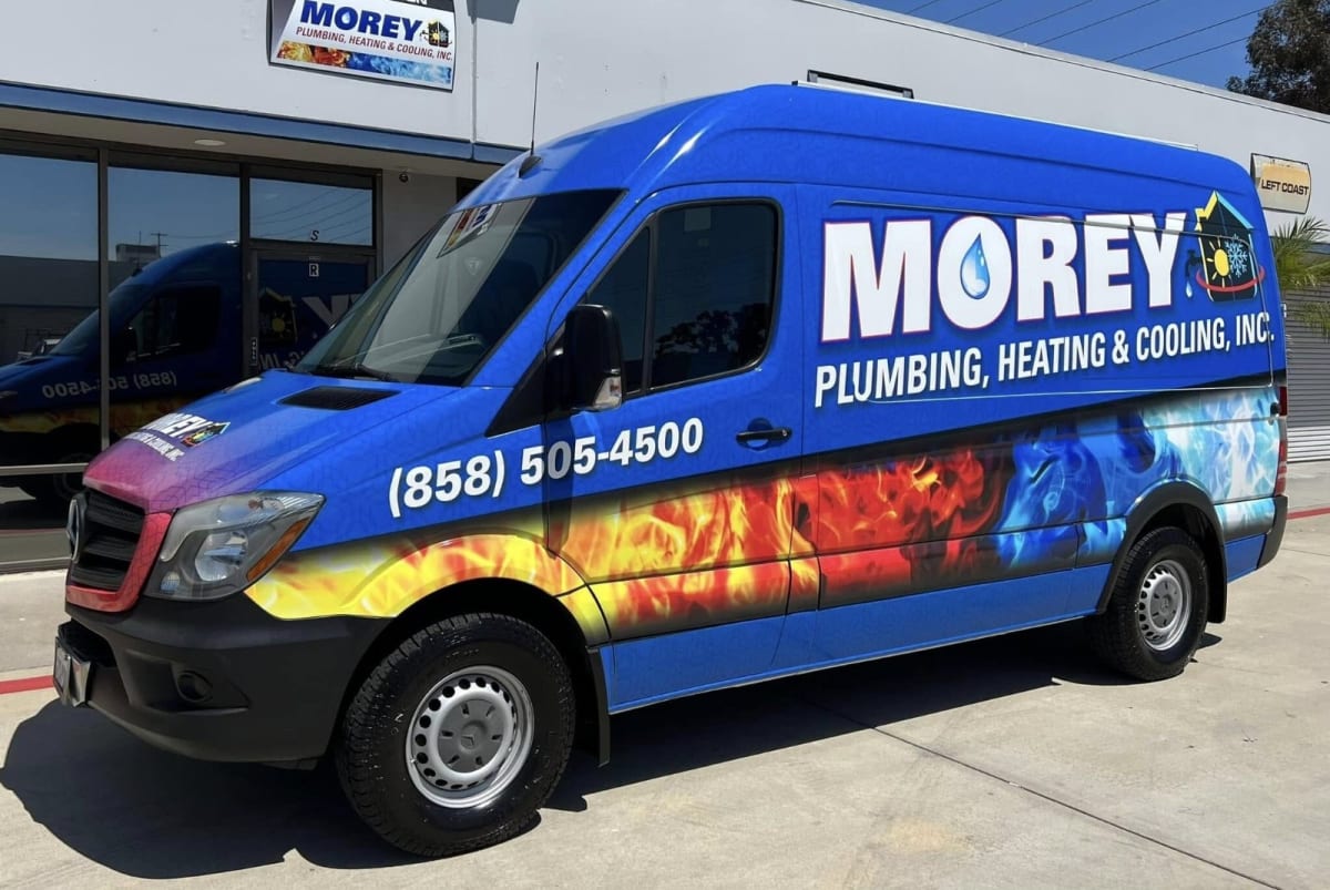 Morey Plumbing, Heating & Cooling service truck parked in San Diego, California