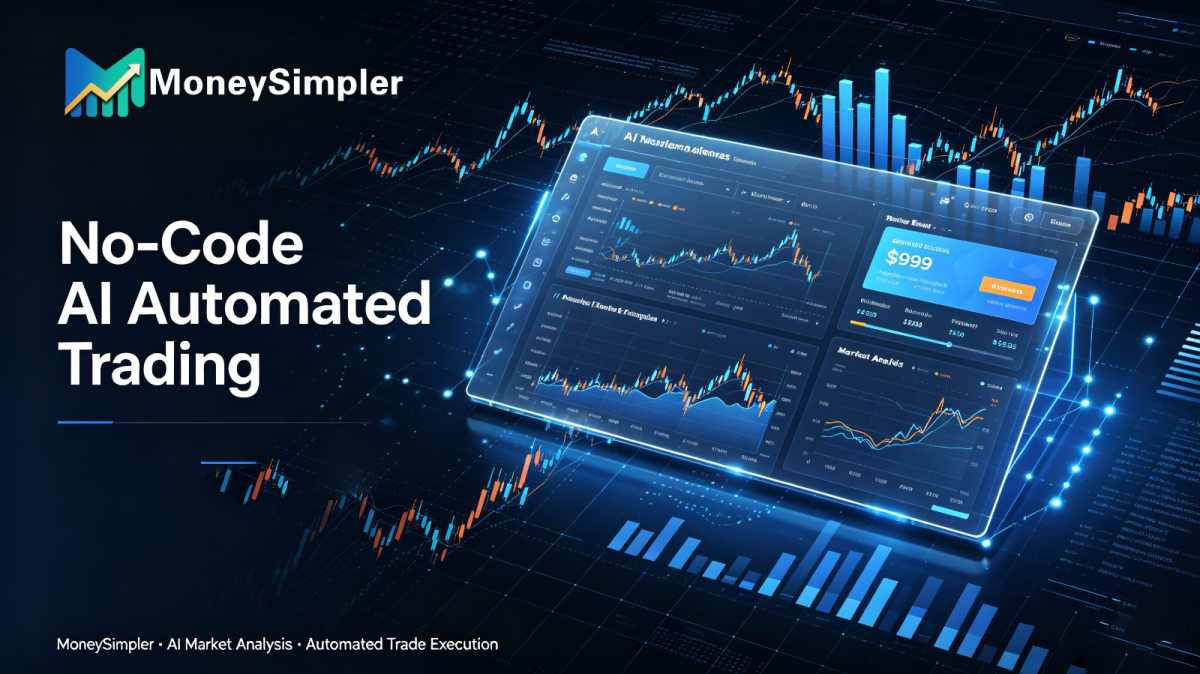 Digital dashboard showing AI trading graphs and data, branded with MoneySimpler logo.