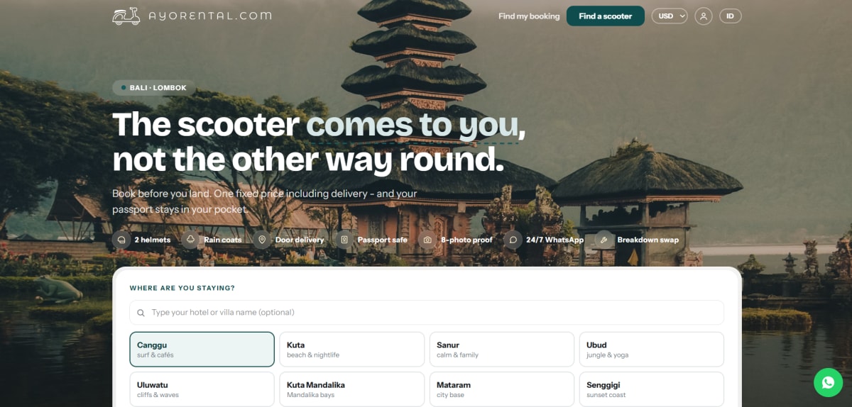 AyoRental website showing scooter rental service details in Bali with a scenic background.