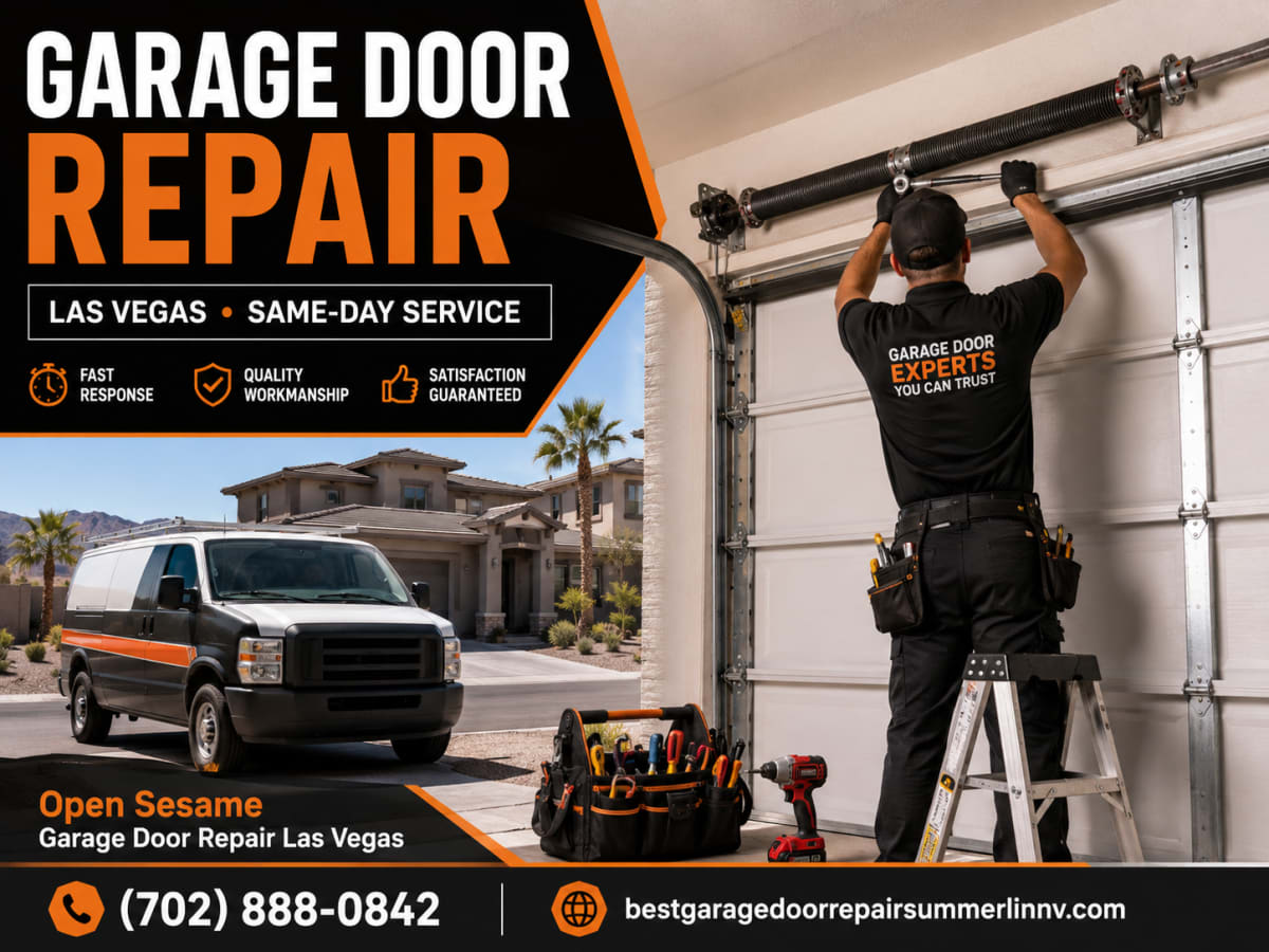 Open Sesame Garage Door Repair Las Vegas provides repair services for springs, openers, cables, tracks, rollers and other com