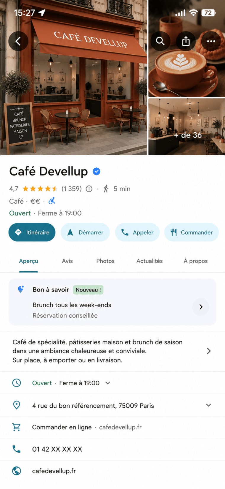 Exemple de fiche Google d'un café, bien notée et à jour