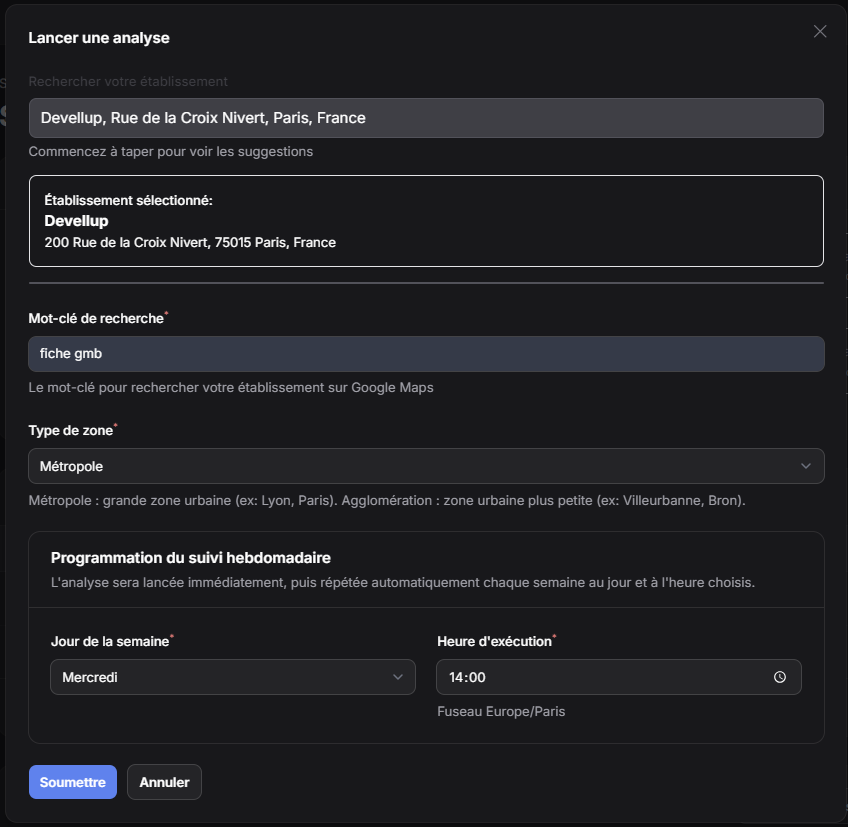 Interface de configuration d'analyse de position Google Maps : sélection établissement, mot-clé, zone et jour