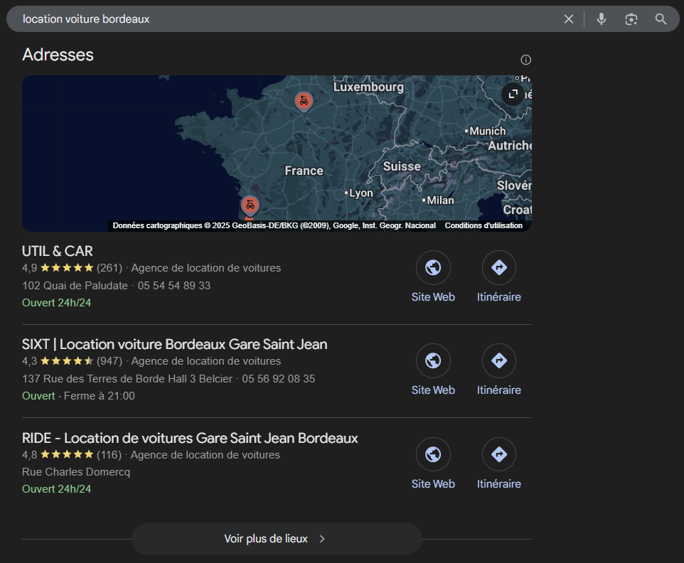 Résultats de recherche Google Maps pour 'location voiture bordeaux' montrant l'importance du Top 3